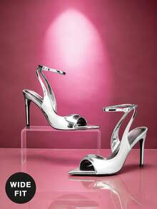 SHUZIA Giày sandal cao gót mũi nhọn bằng chất liệu PU ánh kim, dáng rộng, gợi cảm dành cho nữ. - Bạc kim loại - Xem 5