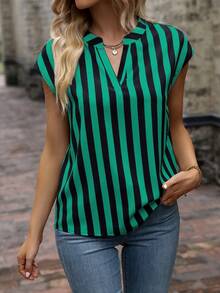 EMERY ROSE Camisa casual de manga corta con cuello en pico y estampado de rayas, para verano - Verde - Ver 6