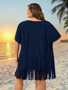SHEIN CURVE+ Curve 尺码 US22 音乐节、海滨度假、波西米亚风女士 V 领印花宽松沙滩罩衫，适合夏季海滩度假 - 藍色 - 查看 3