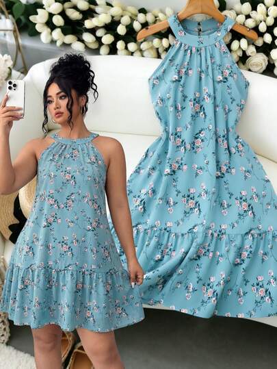 Elenzga Vestido de verano con estampado floral diminuto y cuello halter, adecuado para vacaciones en la isla, viajes casuales, reuniones en terrazas de cafés. Tiendas de ropa de mujer de talla grande en línea, vestidos florales de talla grande de la princesa Rosalina, vestidos de primavera de talla grande para mujeres, vestidos de talla grande para mujeres, atuendos de verano de talla grande para mujeres