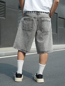 Manfinity EMRG Men's Casual Street Style Embroidered Dark Grey Denim Shorts - Dark Grey - View 2