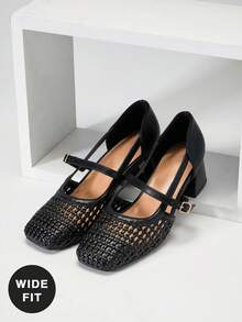 SHUZIA Women's Wide-Fit Crochet Raffia Mary Jane Pumps - Black - View 5