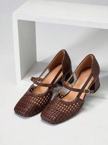 SHUZIA Giày cao gót Mary Jane bằng sợi raffia móc cho nữ - Màu nâu Sô-cô-la - Xem 6