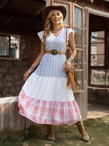 LanaWest Vestido casual de cuello en V con volantes en el bajo para el verano - Azul - Ver 7