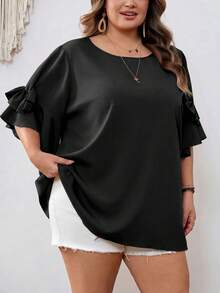 SHEIN CURVE+ Curve 尺码 US22 音乐节、海滨度假、波西米亚风女士蝴蝶结装饰圆领紫红色衬衫，夏季 - 黑色 - 查看 5