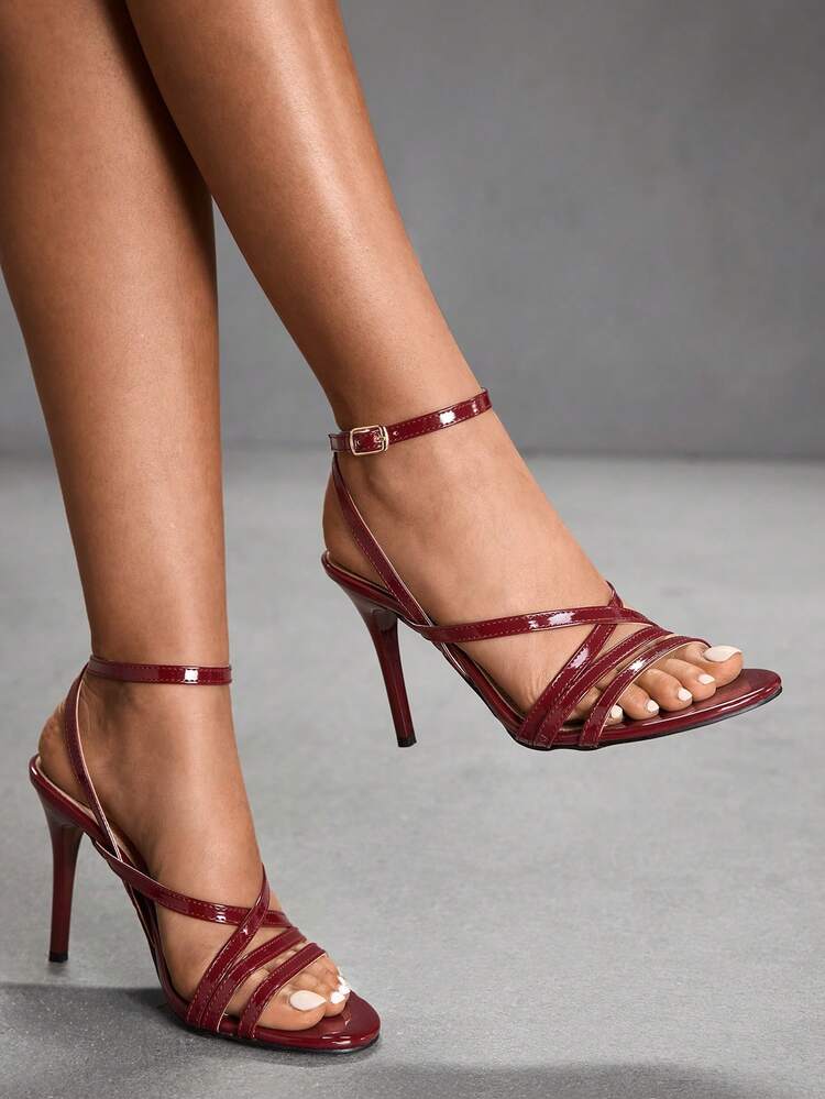 CUCCOO SZL Round Toe Thin High Heel New Burgundy Multi-Strap Ankle Strap Women's High Heel Sandals, Minimalist Fashionable Sexy Party Banquet Spring/Summer Heels Prom Heels