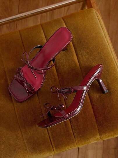 勃艮第夏季新款蝴蝶结露趾高跟凉鞋，百搭简约细跟女式凉鞋