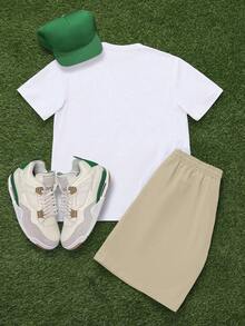 Manfinity Homme Conjunto de camiseta de manga corta con bordado de letras y pantalones cortos con cordón en la cintura, casual y para uso diario, para hombre, verano - Multicolor - Ver 3