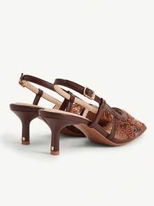 CUCCOO CHICEST Giày cao gót mũi vuông buộc dây, màu cà phê, đính hạt cườm, thời trang dự tiệc, thanh lịch, dành cho nữ. - Cà phê nâu - Xem 6