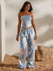 Opulessa Conjunto de 2 piezas de top bandeau y pantalones estampados de gasa para mujer, ideal para vacaciones de primavera/verano - Celeste - Ver 6