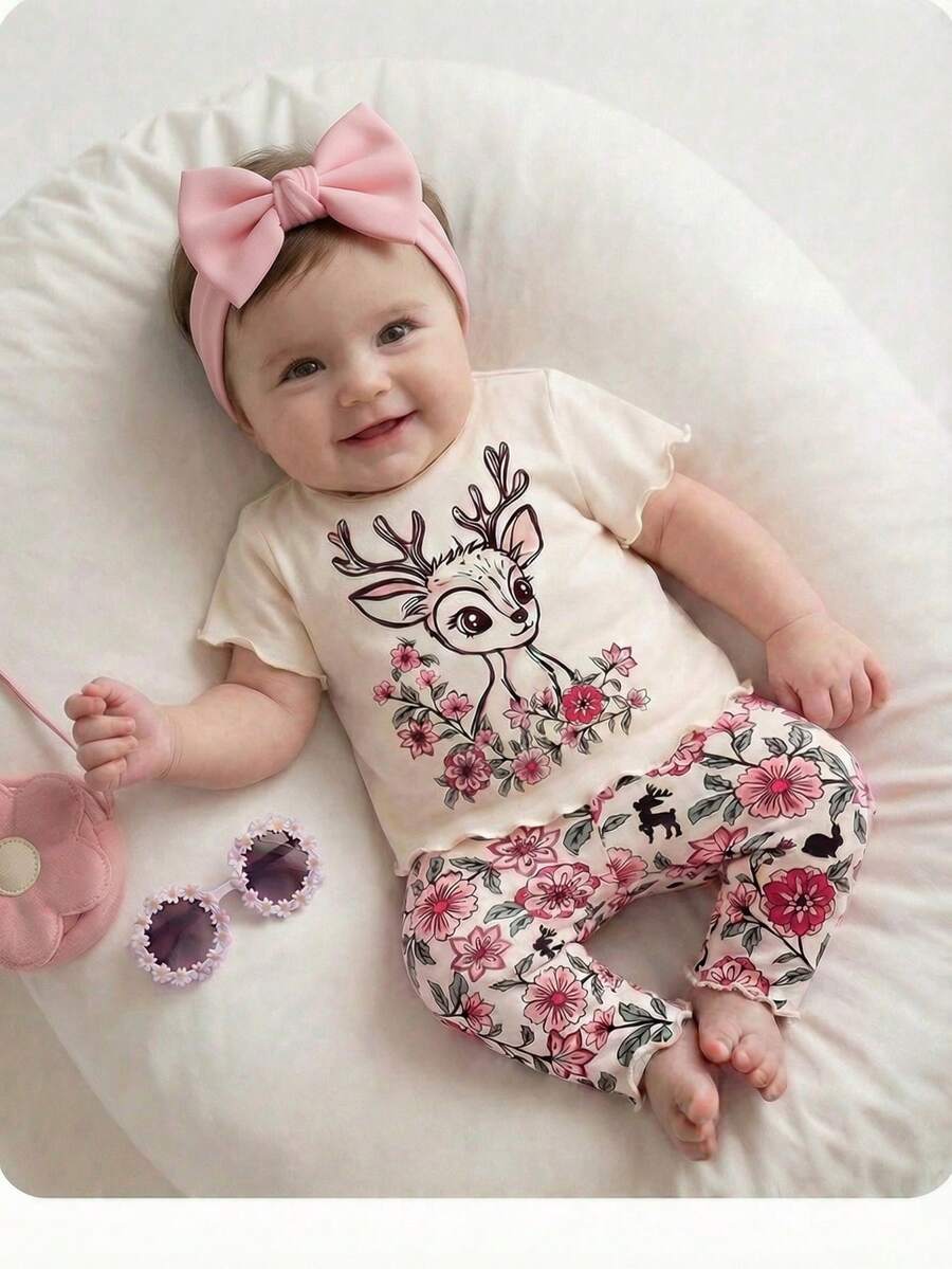 新生女宝宝可爱卡通花卉印花短袖T恤和松紧腰裤套装，夏季 - 粉色 - 查看 1