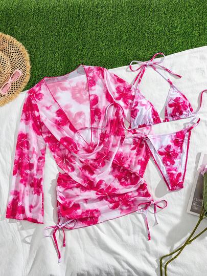 Swim Vcay 4pcs/Set Summer Vacation Sexy Deep V Floral Halter Flare Sleeve Top, Backless Bikini Set With Drawstring Ruched Mesh Mini Skirt