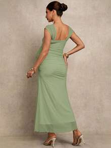 MaterniChic Maternity Solid Color Square Neck Elegant Dress - Green - View 2