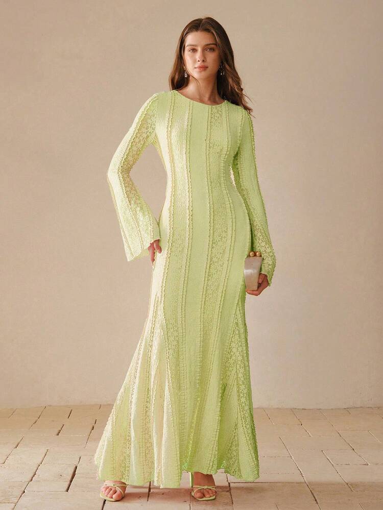 SPRING & SUMMER WAIST-CINCHING FLARED SLEEVE TEXTURED FABRIC MERMAID HEM WOMEN'S KNIT DRESS