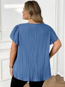 SHEIN CURVE+ 大码女式早春蓝色花瓣袖衬衫 - 霧霾藍 - 查看 2