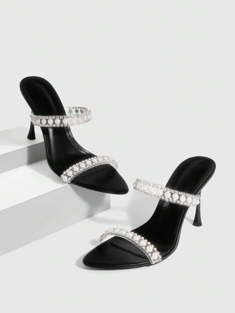 CUCCOO SZL Women Shoes Summer Pointed Stitch Heel Black Transparent Film Pearl Rhinestone Open Toe Women's Sandals Sexy Fashion Gorgeous With Skirts Banquet Party Night Club Women's High Heel Sandals Slippers Prom Heels
