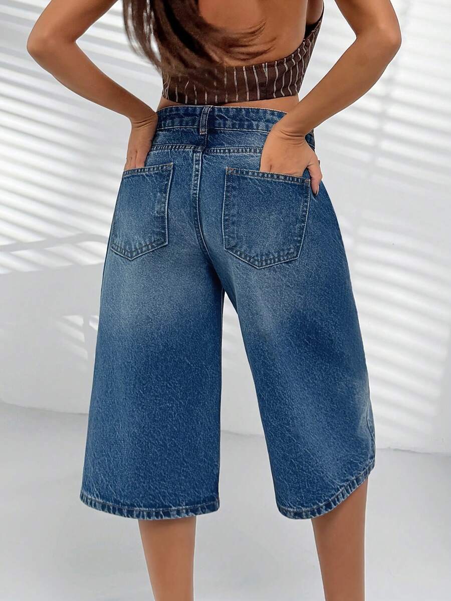 SHEIN 100% Cotton High Waist Snow Wash Side Sewing Detailed Denim Jort - Medium Wash - View 1