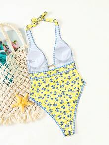Swim Vcay 黄色底蓝色碎花随机印花深V领撞色蓝色格子仿珍珠装饰女士性感休闲连体泳衣 - 彩色 - 查看 2