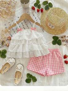 Ensemble Top à volants et short à carreaux mignon pour vacances d'été pour bébé fille - Rose bonbon - Voir 1