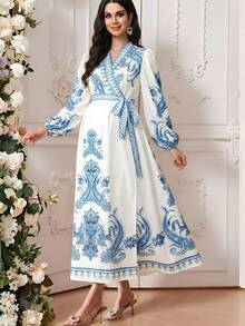 SHEIN 孕妇碎花V领褶皱休闲度假连衣裙 - 淺藍色 - 查看 3