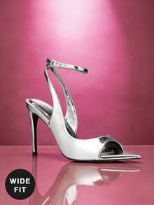 SHUZIA Giày sandal cao gót mũi nhọn bằng chất liệu PU ánh kim, dáng rộng, gợi cảm dành cho nữ. - Bạc kim loại - Xem 4