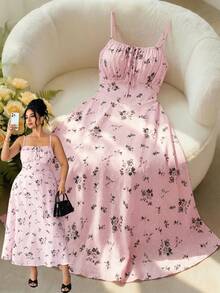 Elenzga Đầm midi hai dây họa tiết hoa nhí cỡ lớn dành cho nữ, kiểu Pháp, thắt eo, ôm dáng, tay phồng, thanh lịch, dài đến bắp chân. - Hồng - Xem 1