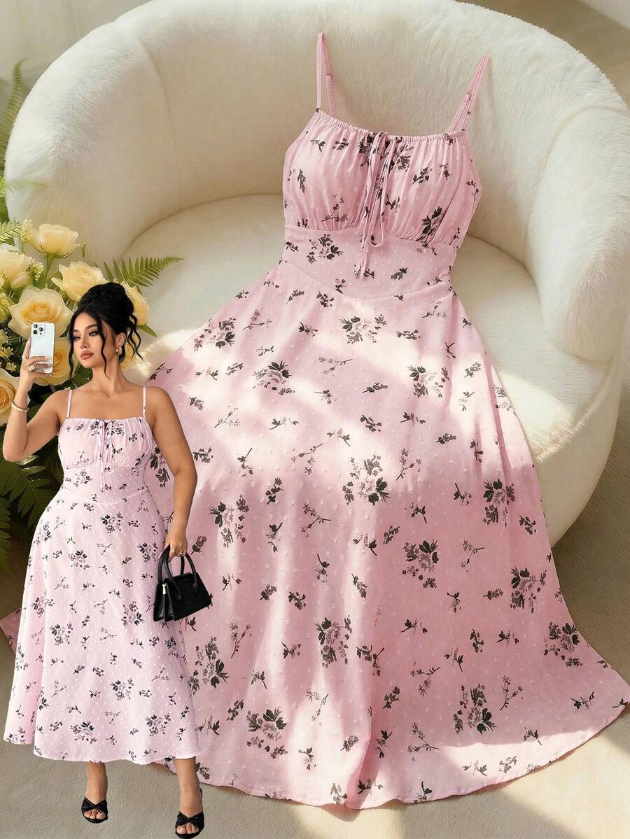 Elenzga Đầm midi hai dây họa tiết hoa nhí cỡ lớn dành cho nữ, kiểu Pháp, thắt eo, ôm dáng, tay phồng, thanh lịch, dài đến bắp chân. - Hồng - Xem 1