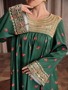 Al Najma Đầm maxi dài tay cổ tròn in hoa, viền ruy băng dành cho nữ, kiểu truyền thống Ả Rập. - màu xanh lá - Xem 7