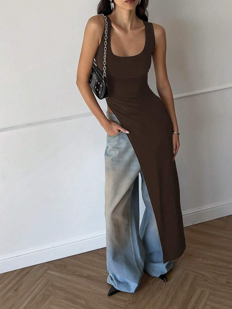 Siren Gaze New Spring/Summer Sleeveless Vest With Extra Long Side Slit, Edgy Dark Style For Women,Summer Top - Brown - View 1