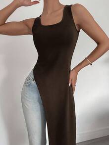 Siren Gaze New Spring/Summer Sleeveless Vest With Extra Long Side Slit, Edgy Dark Style For Women,Summer Top - Brown - View 5