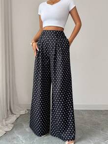 SHEIN PETITE Quần nữ ống rộng cạp cao xếp ly có túi, dáng suông, họa tiết chấm bi. - Đen và trắng - Xem 3