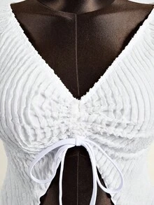 Vaytide Spring/Summer Hot-Selling Special Fabric Wide Collar Front Drawstring Flare Sleeve Top + Special Fabric A-Line Skirt 2 Pieces Set - White - View 6