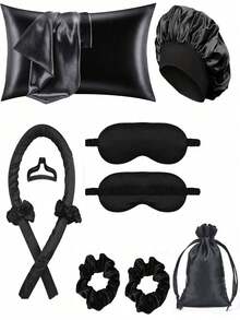 10件套睡眠美发造型工具套装，包含卷发棒、1个真丝枕套（呵护秀发和肌肤，皇后套装）、真丝免加热卷发套装、隔夜卷发棒、1个柔软睡眠眼罩、1个真丝睡眠帽，以及睡眠必备套装 - 黑色 - 查看 5