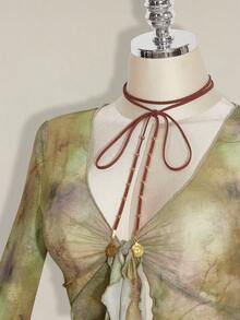 SHEIN ICON Vintage Distressed Print Open Front Mesh Top With Layered Ruffle Hem Skirt 2 Pieces Set For Women - Green - View 3