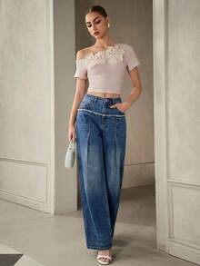 Quần Jeans Ống Rộng Rộng, Dáng Rộng, Thường Ngày, Có Viền Xỉn, Dành Cho Nữ - Màu xanh lam - Xem 3