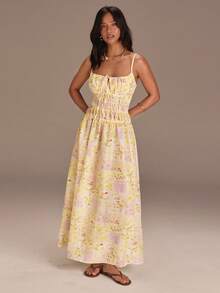 Athîral 女士休闲度假吊带印花露背连衣裙 - 黃色 - 查看 4