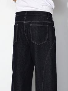 Manfinity Homme Quần jeans nam màu xanh hải quân dáng rộng, ống thẳng, phong cách thường ngày. - Rửa tối - Xem 8