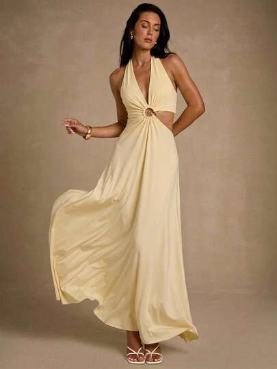 SHEIN Glamour Vestido de punto amarillo mostaza con estilo francés relajado y sensual, con panel frontal elástico, escote en V profundo, detalles fruncidos asimétricos, acento de cintura con anillo de metal, falda fluida, adecuado para vacaciones en la playa, fiestas de cumpleaños, reuniones y citas nocturnas