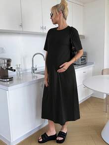 SHEIN 孕妇纯色圆领短袖休闲连衣裙 - 黑色 - 查看 11