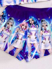 SHEIN 2件套少女时尚K-POP女团字母星星印花套装，彩色卡通人物印花，扎染工艺，韩流粉丝礼物，男女童装，吊带背心和短裤夏季套装 - 彩色 - 查看 5
