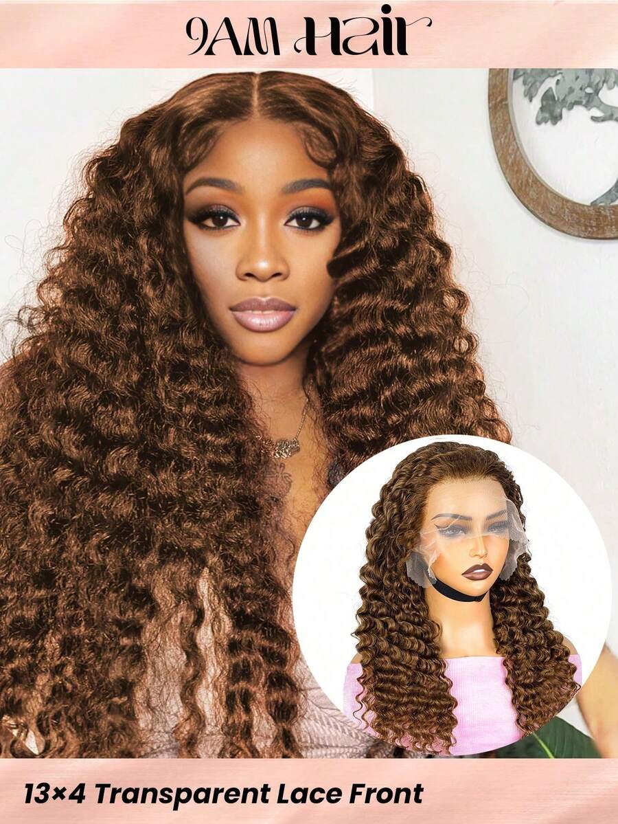 Chocolate Brown Color #4 Deep Wave Lace Front Wig Human Hair 13X4 Transparent Curly Human Hair Wigs Lace Front 180% Density Brazilian Virgin Wigs Pre Plucked With Baby Hair - S4 - View 1