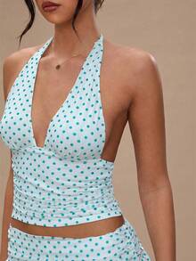 SHEIN BAE Áo tank top cổ yếm in chấm bi dáng casual dành cho nữ, thích hợp mặc mùa hè. - Màu xanh lam - Xem 7