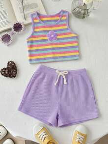 SHEIN 2pcs Baby Girl Purple Knitted Striped Contrast Floral Pattern Casual Cute Summer Sleeveless Top And Elastic Waist Shorts Set,Sweet Vacation Wear - Multicolor - View 3