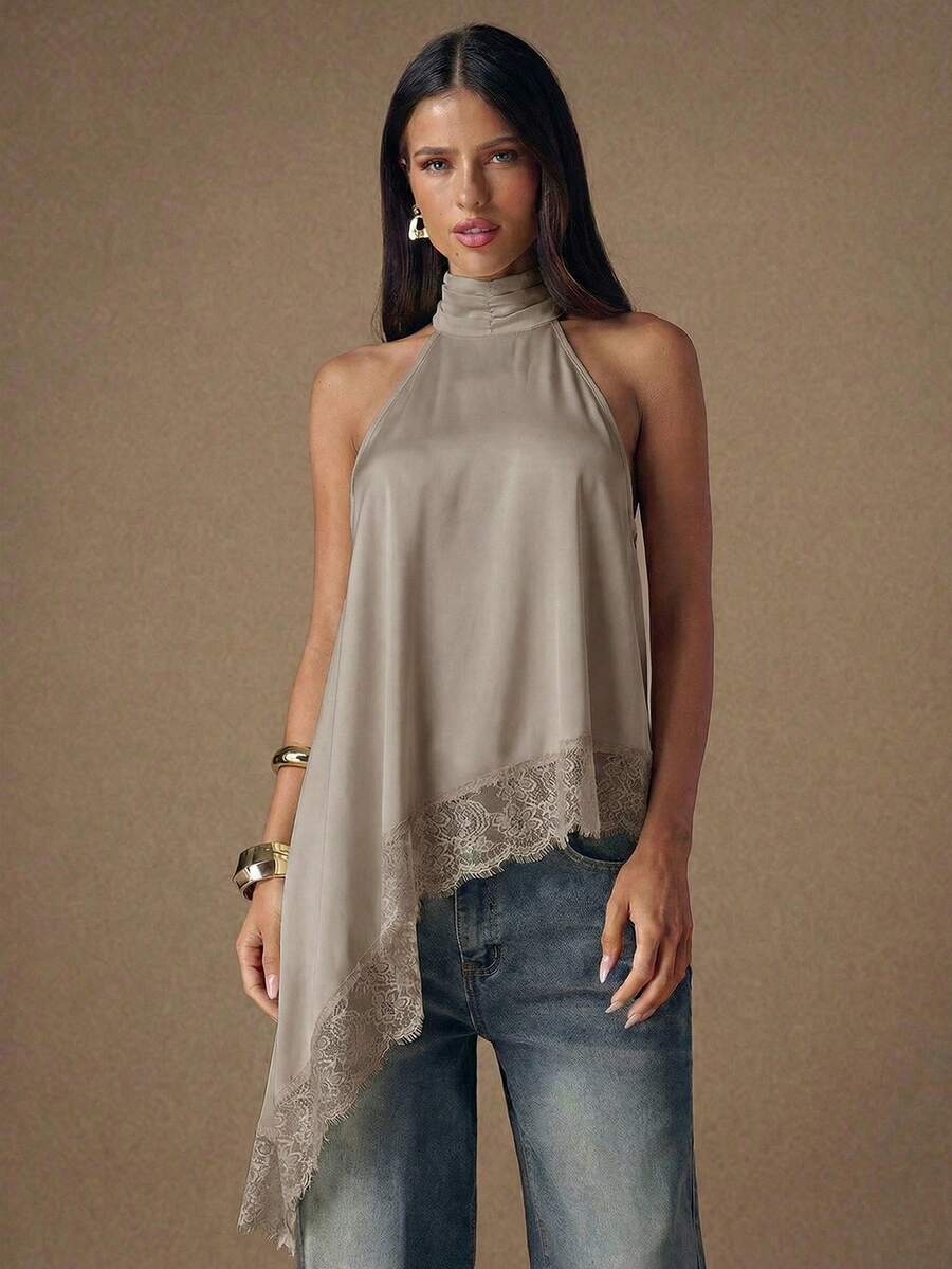 SHEIN BAE Áo hai dây satin hở lưng phối ren thanh lịch, kiểu dáng gợi cảm cổ yếm không tay, thích hợp cho tiệc tùng, cocktail, các dịp trang trọng, Giáng sinh, hoặc trang phục công sở thường ngày. - Màu Khaki - Xem 1