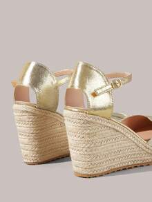 Styleloop Giày nữ màu hồng mơ, giày đế xuồng bằng dây gai rỗng, giày sandal đế xuồng, giày buộc dây, giày tăng chiều cao, giày dự tiệc, giày đi nghỉ mát, giày nữ phong cách bohemian. - Vàng - Xem 5