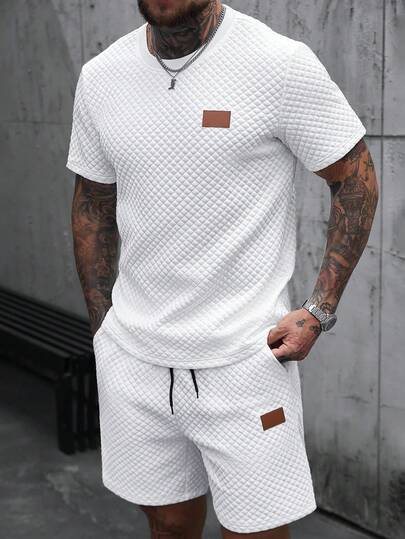 SLATEMANN Men's Short Sleeve Round Neck T-Shirt + Sports Shorts Set, White Rhombus Jacquard Fabric, Patch Design, Casual All-Match Outfit, White T-Shirt Set