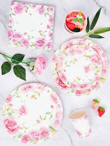 Aquarellrose Einweg-Teller, Servietten und Pappbecher Party-Set, für 24 Gäste. Dieses Einweg-Papperteller Party-Geschirr eignet sich für Geburtstage, Hochzeiten, Themenpartys und Familienpicknicks. - Übersicht 4