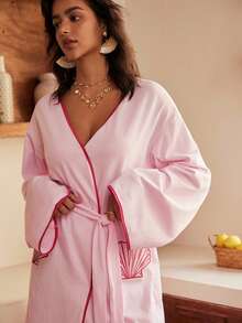 Áo choàng nữ bằng cotton họa tiết vỏ sò phong cách Bohemian - Hồng - Xem 3