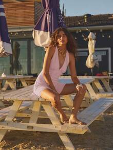 SHEIN Aralina-E 女士夏季性感沙滩度假纯色提花露背系带迷你连衣裙 - 淡紫色 - 查看 7