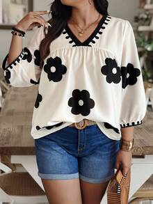 Enliva Plus Size Random Floral Print Casual Vacation Shirt, For Apple And Rounded Body Shape - Apricot - View 5